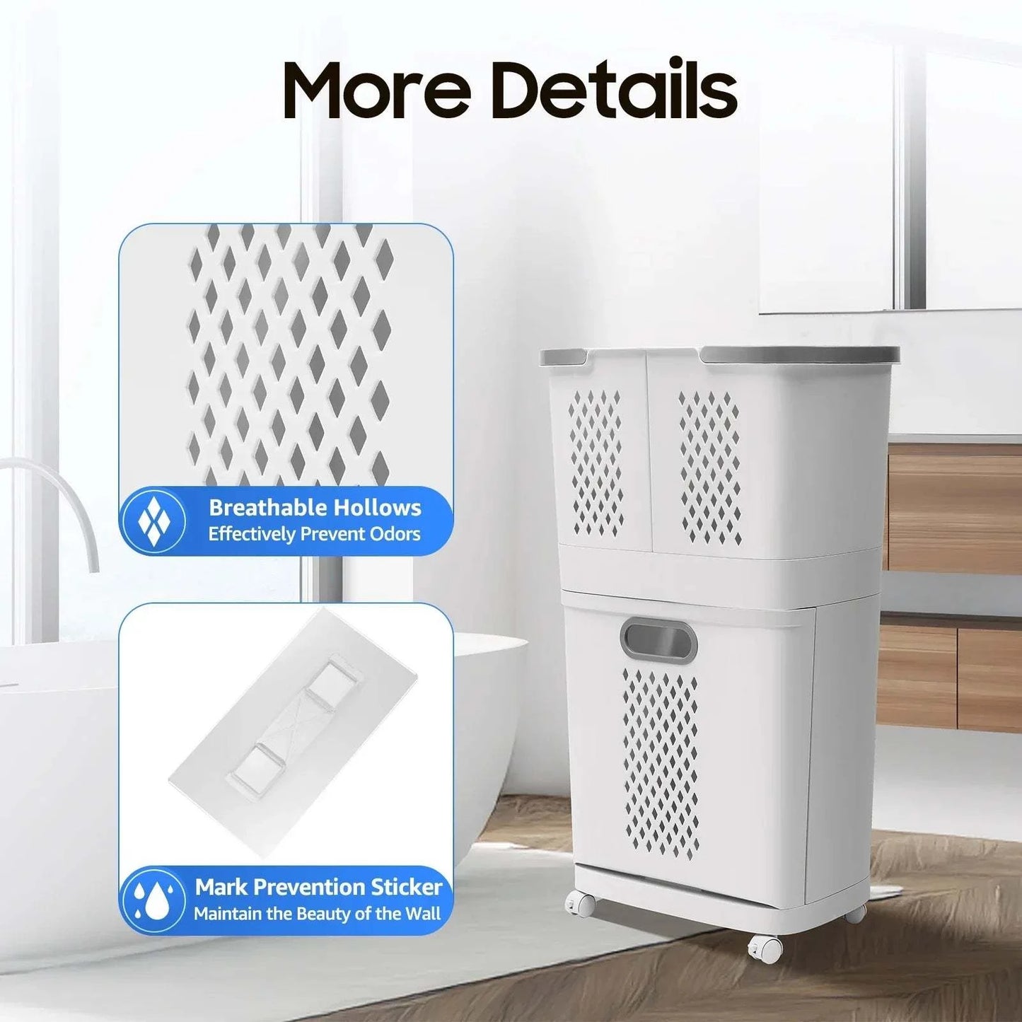 Multi-layer grey-white laundry basket on wheels with removable wall-mounted hampers for clothes storage and organization