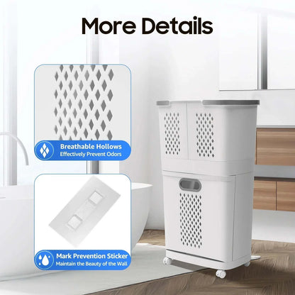 Multi-layer grey-white laundry basket on wheels with removable wall-mounted hampers for clothes storage and organization