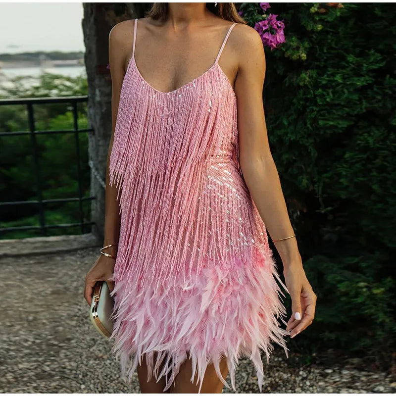 New Sexy Tassel Sequins Feather Mini  Dress - Azobay