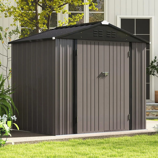 8x6 FT outdoor metal storage shed with lockable doors and ventilation vents