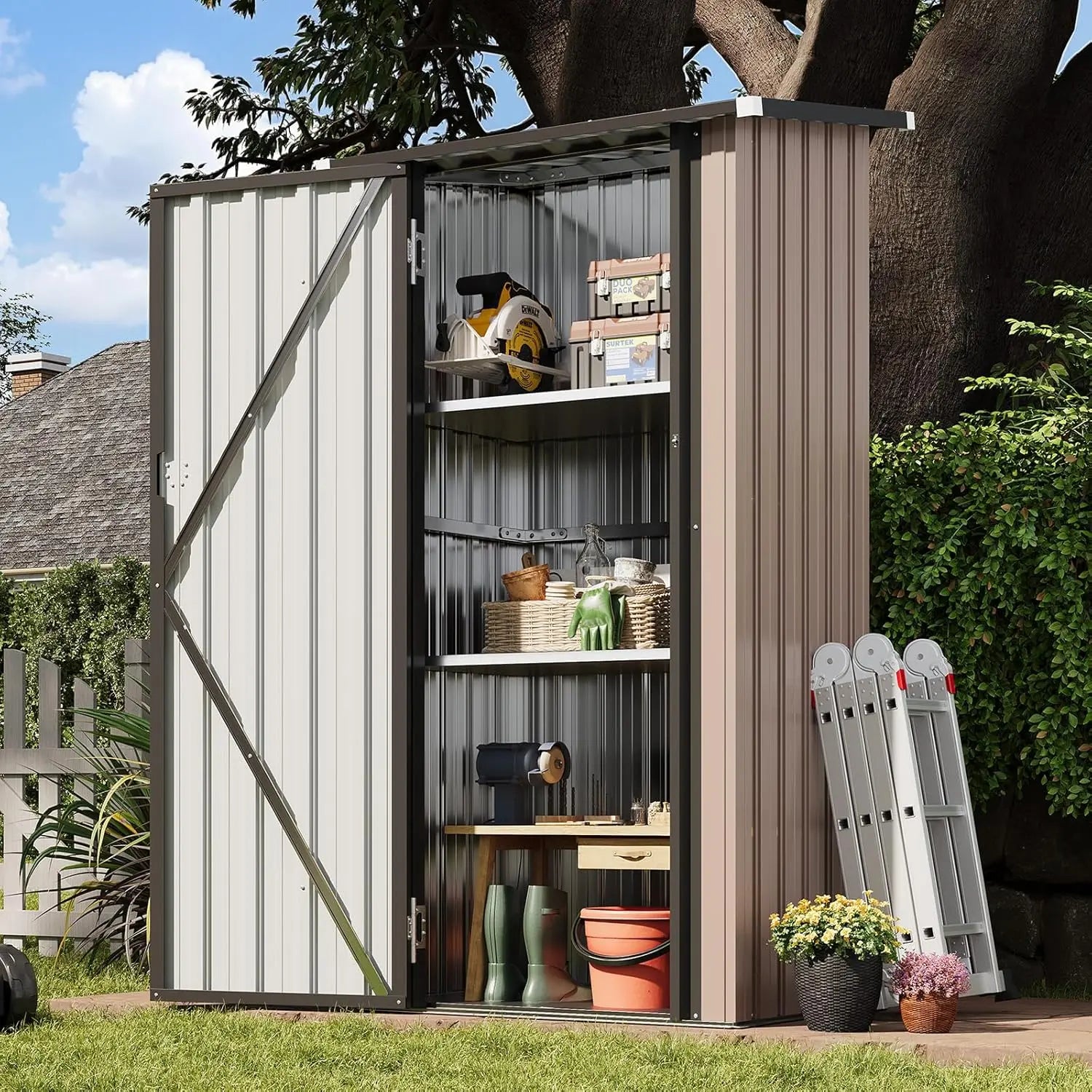 Outdoor vertical metal storage shed with lockable doors and adjustable shelves in a waterproof design
