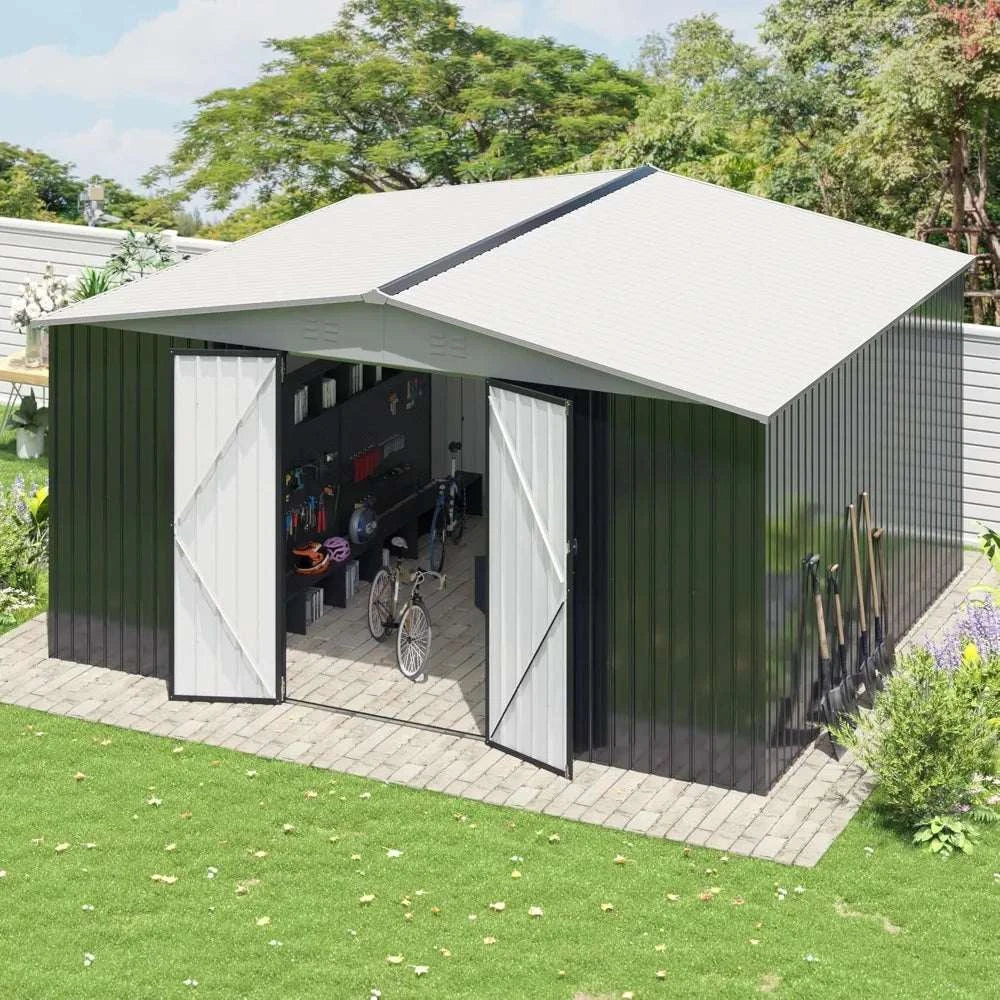 12x14 FT Outdoor Metal Storage Shed Garden Tool Shed with Lockable Doors for Backyard Patio Lawn White