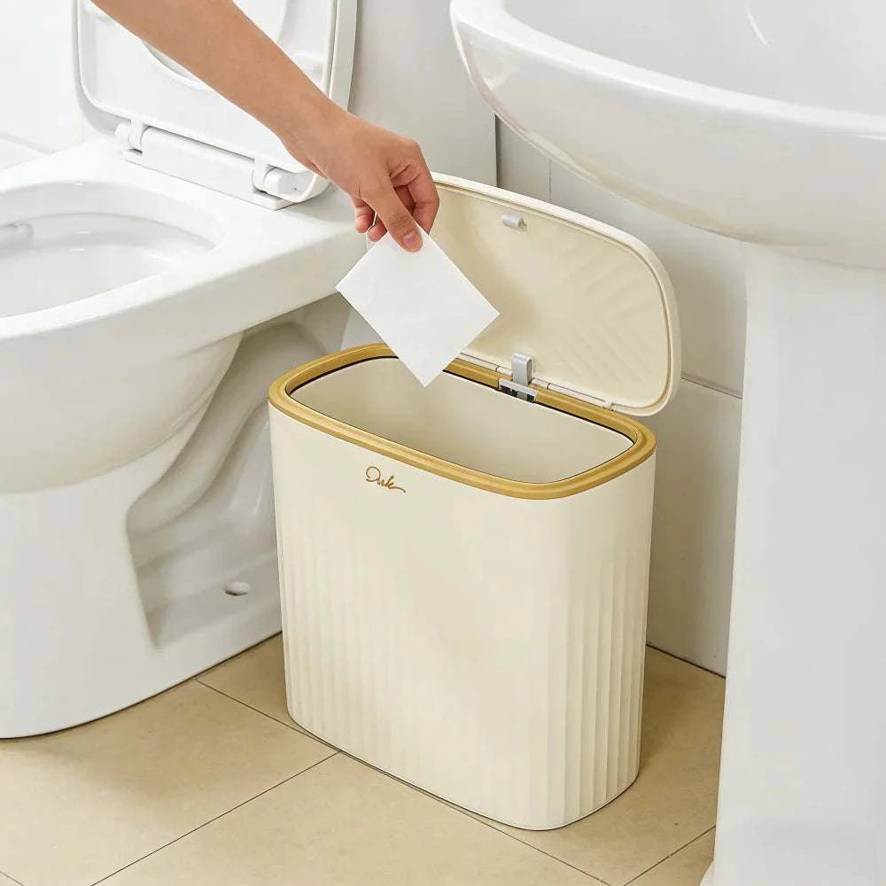 Beige gold trim slim rectangular trash can with press lid for bathroom and kitchen, 13.5L large capacity, space-saving design