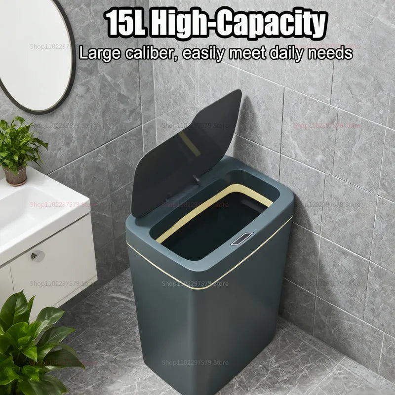 Smart Induction Garbage Can with Storage Basket - Eco-Friendly Plastic Automatic Trash Bin for Kitchen Bathroom Toilet Organizer
