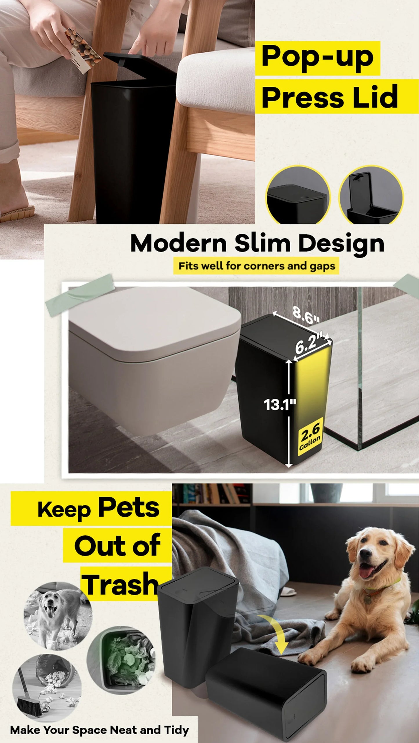 10-Liter Compact Plastic Waste Bin Eco-Friendly Rectangular Trash Can for Bathroom Toilet Bedroom Living Room