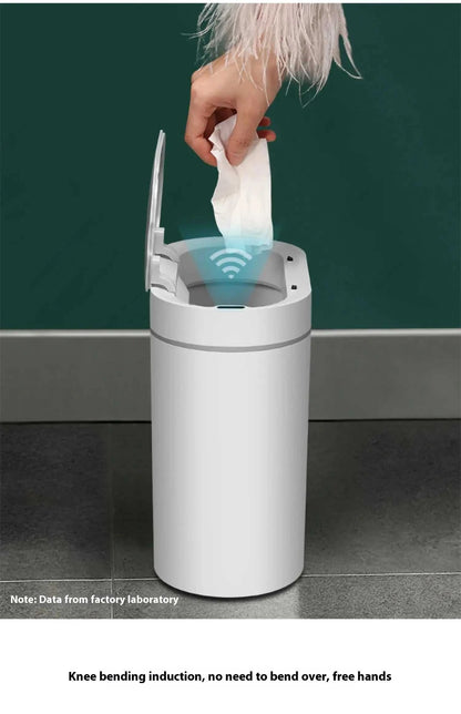 7L automatic bathroom trash can with motion sensor lid in modern bathroom setting