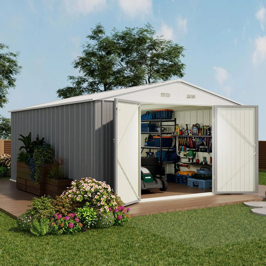 10x14 ft large outdoor metal storage shed with lockable doors and sloped roof in modern design