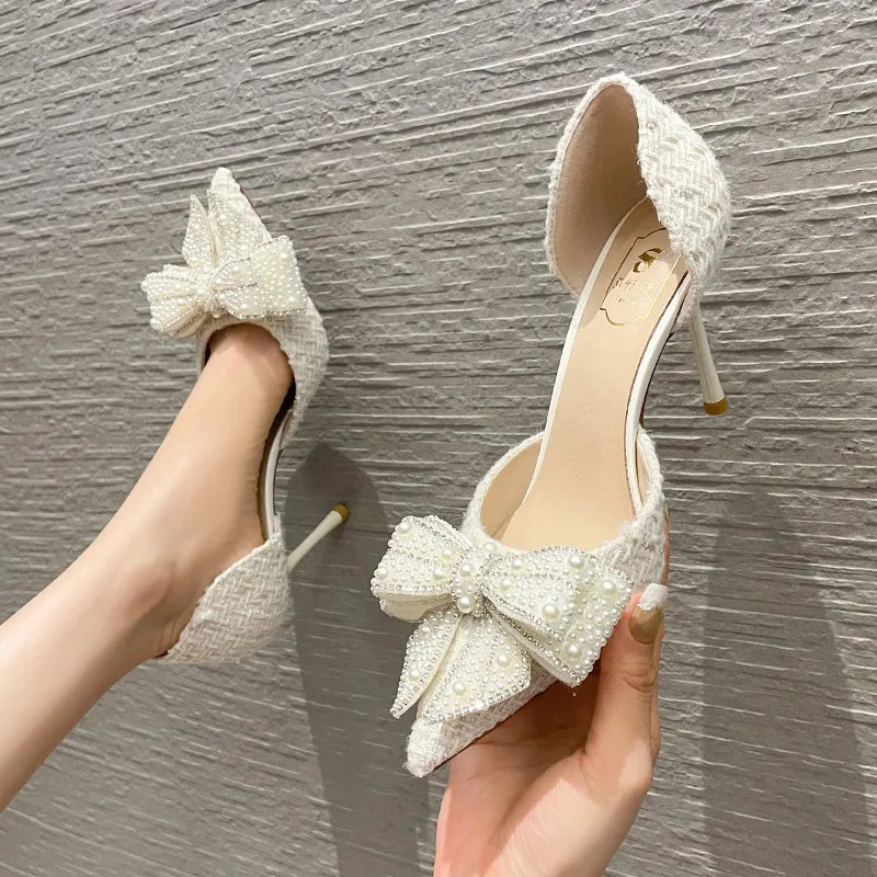 Luxury Pearl Crystal Bowtie White Wedding Shoes  2024 Spring Brand High Heels - Azobay