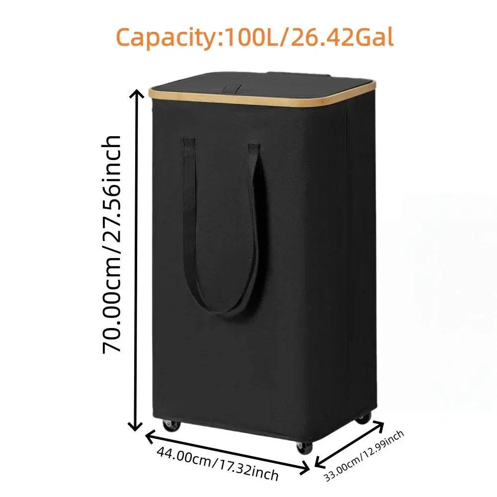 Large capacity foldable laundry basket with wheels and detachable liner in rectangular shape