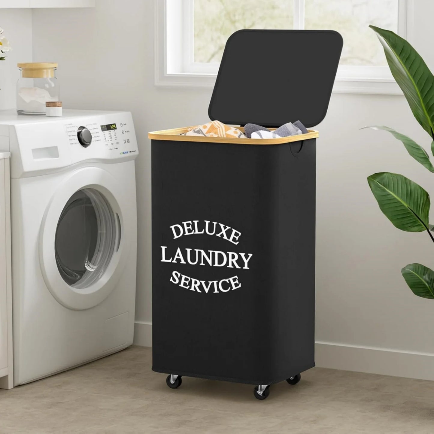 Large 100L Laundry Basket with Lid And Bamboo Handle - Folding with Removable Bag Modern Style Oxford Fabric Laundry Hamper