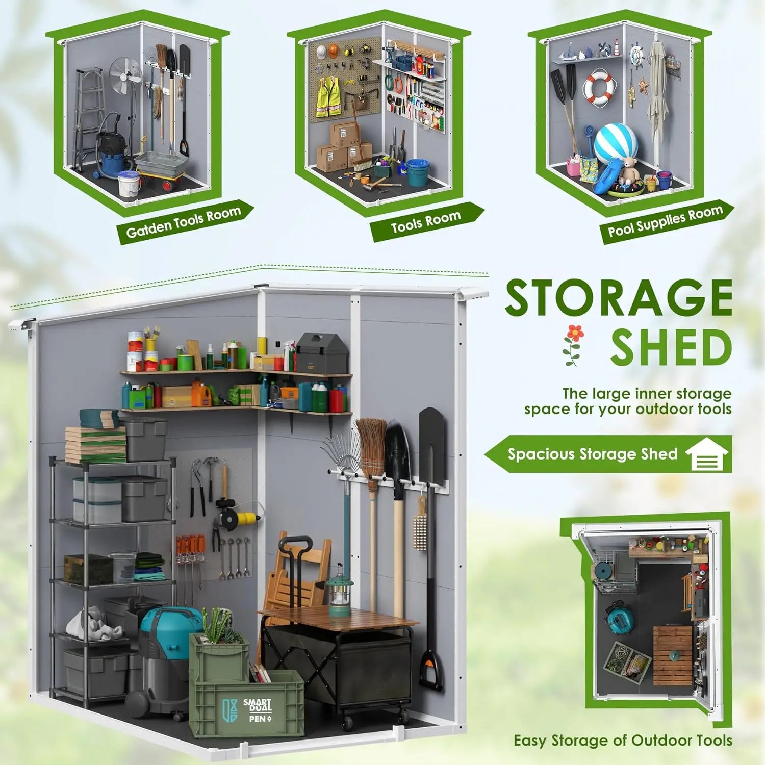 Outdoor 5x4 FT resin storage shed with lockable door and heavy-duty floor in backyard setting