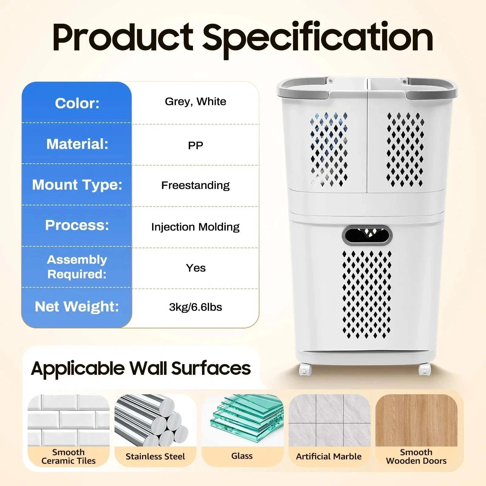 Multi-layer laundry basket on wheels with three breathable PP hampers and removable wall-mounted small baskets in grey white modern style