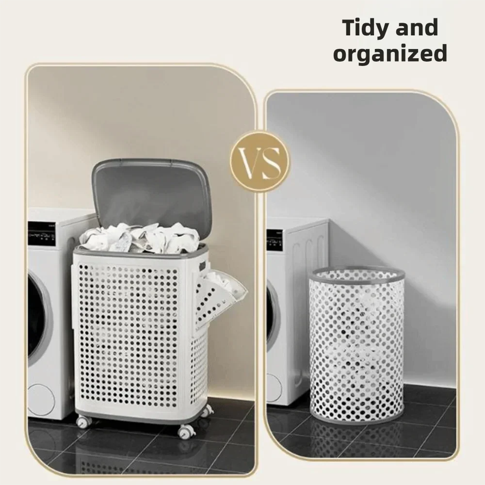 Large capacity folding grey and white plastic rolling laundry basket with wheels and waterproof design