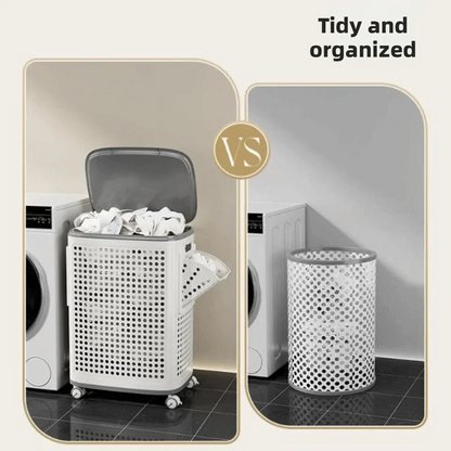 Large capacity folding grey and white plastic rolling laundry basket with wheels and waterproof design