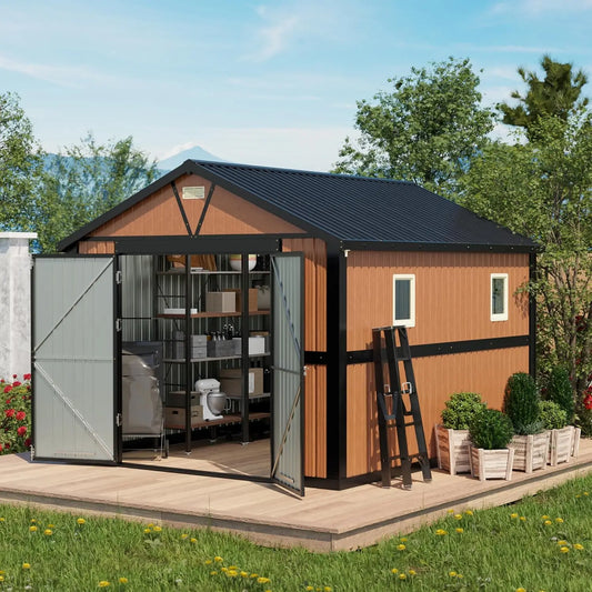10x12 FT metal storage shed with lockable doors and windows in backyard