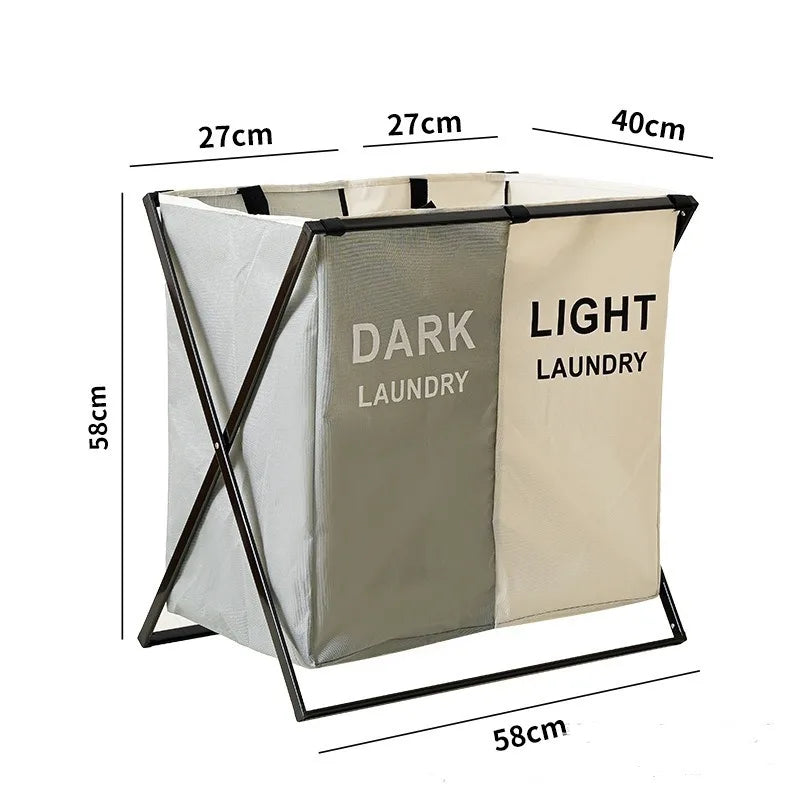 Large foldable laundry hamper with 3 sections divided for sorting clothes and storage