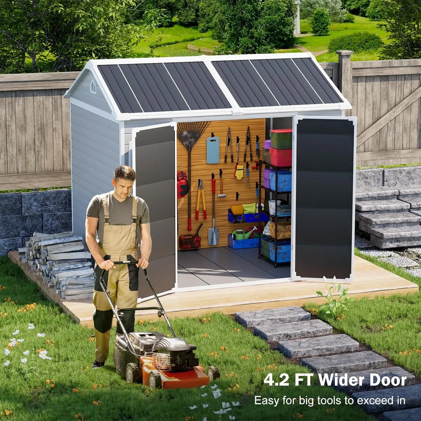 8x6 ft waterproof resin storage shed with floor, windows, and reinforced frame in wood-grain texture