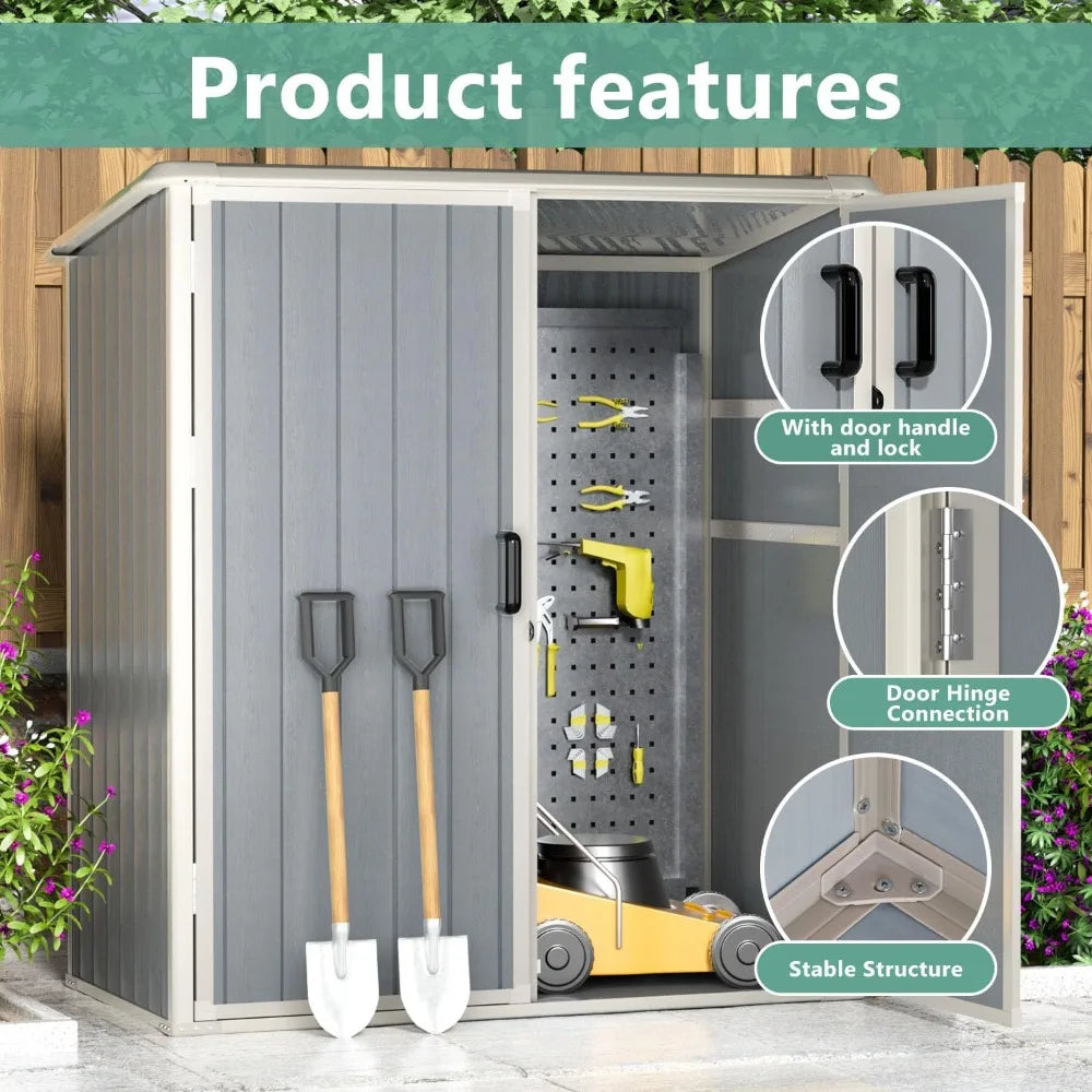 5x3 FT outdoor storage shed made of durable resin plastic with lockable door and built-in floor for weather-resistant garden tool storage