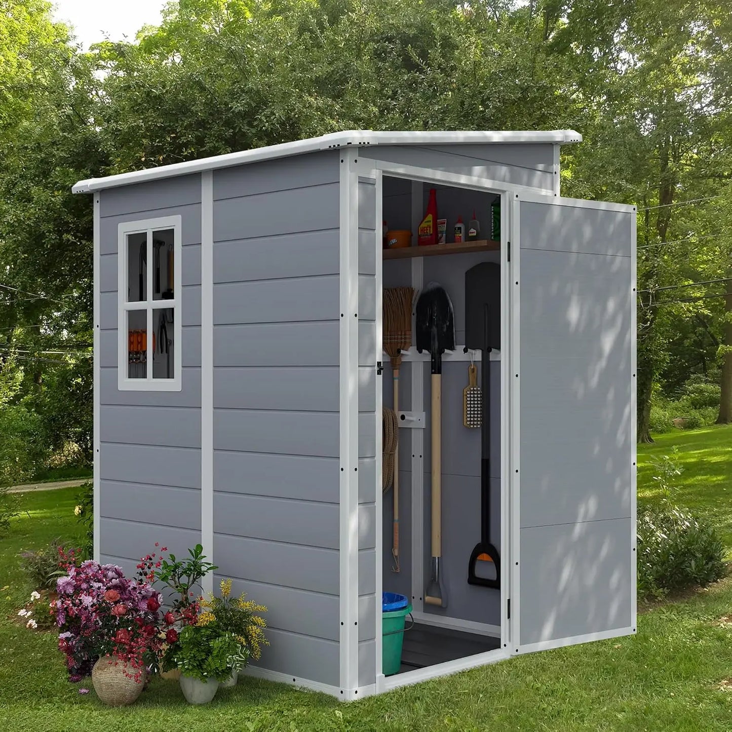 Outdoor 5x4 FT resin storage shed with lockable door and waterproof polypropylene design