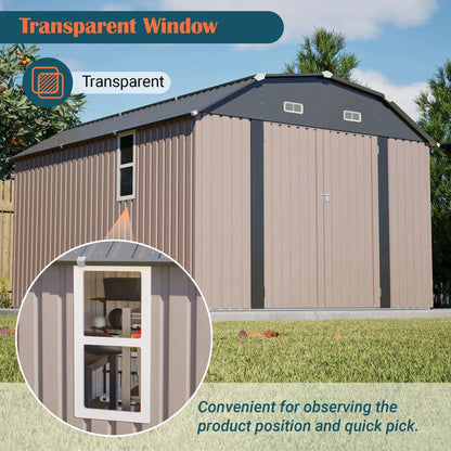 10x12 FT Heavy Duty Metal Outdoor Storage Shed  With Floor Frame Lockable Doors All Weather Garden Tool House Backyard Patio