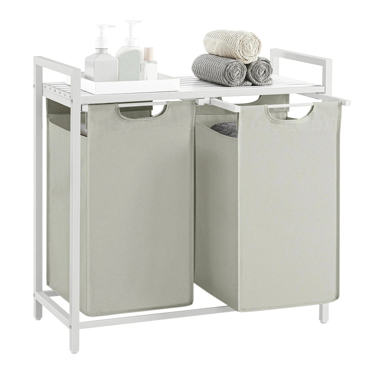 VASAGLE Laundry Hamper with metal frame, 2 removable bags, shelf, and pull-out design in ink black and rustic brown