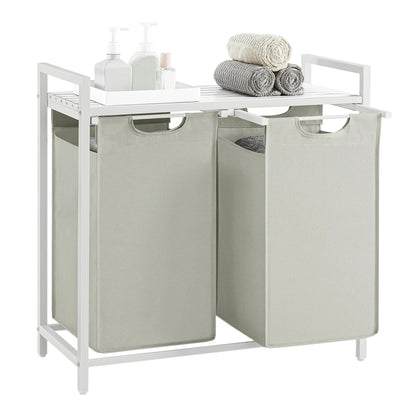 VASAGLE Laundry Hamper with metal frame, 2 removable bags, shelf, and pull-out design in ink black and rustic brown