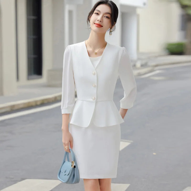 2024 New Fashion Lantern Sleeve Jacket + White Dress - Azobay