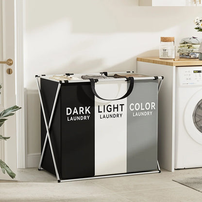 1 PC Large Foldable Laundry Hamper with 3 Divided Sections Dirty Cloth Storage Basket Classic Oxford Washing Bin for Home