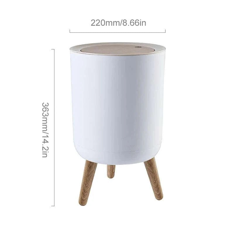 7L round wood grain plastic trash can with legs and press lid for bathroom and living room