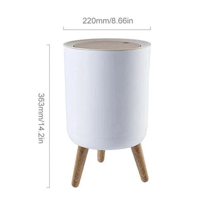 7L round wood grain plastic trash can with legs and press lid for bathroom and living room