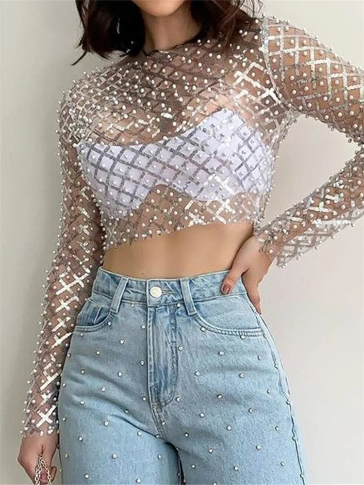 Pearl Sparkly See Through Shirts - Azobay