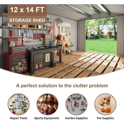 12x14 FT Outdoor Metal Storage Shed Garden Tool Shed with Lockable Doors for Backyard Patio Lawn White