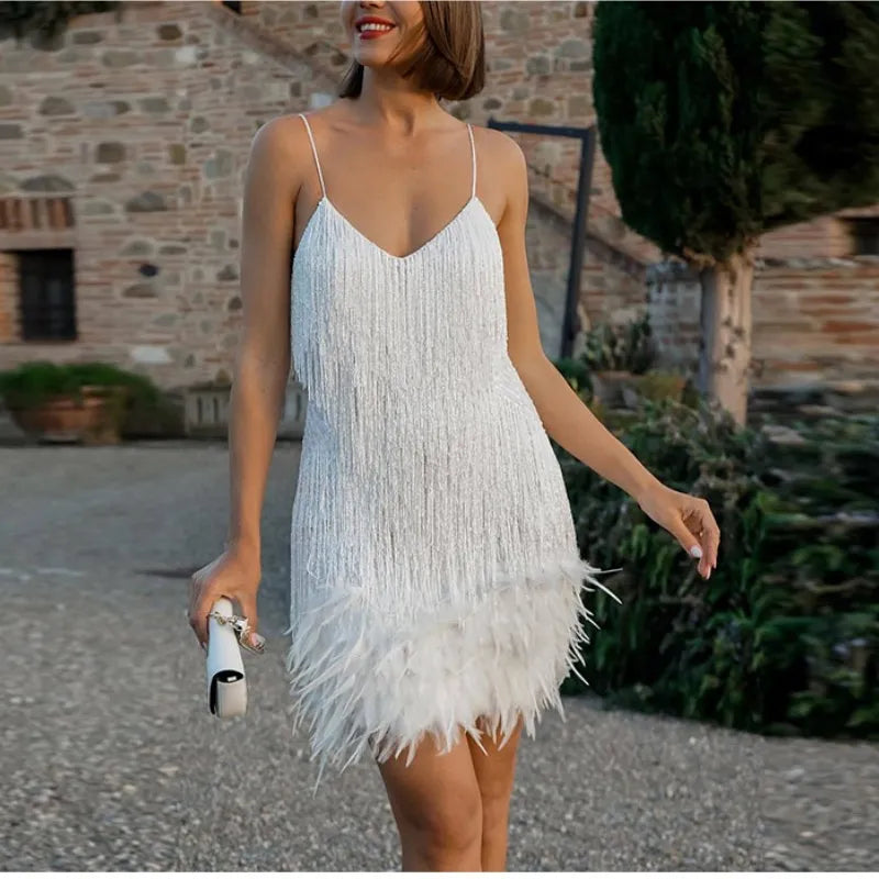 New Sexy Tassel Sequins Feather Mini  Dress - Azobay