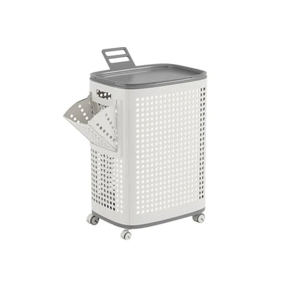 Large capacity folding grey white plastic laundry basket with wheels and detachable design
