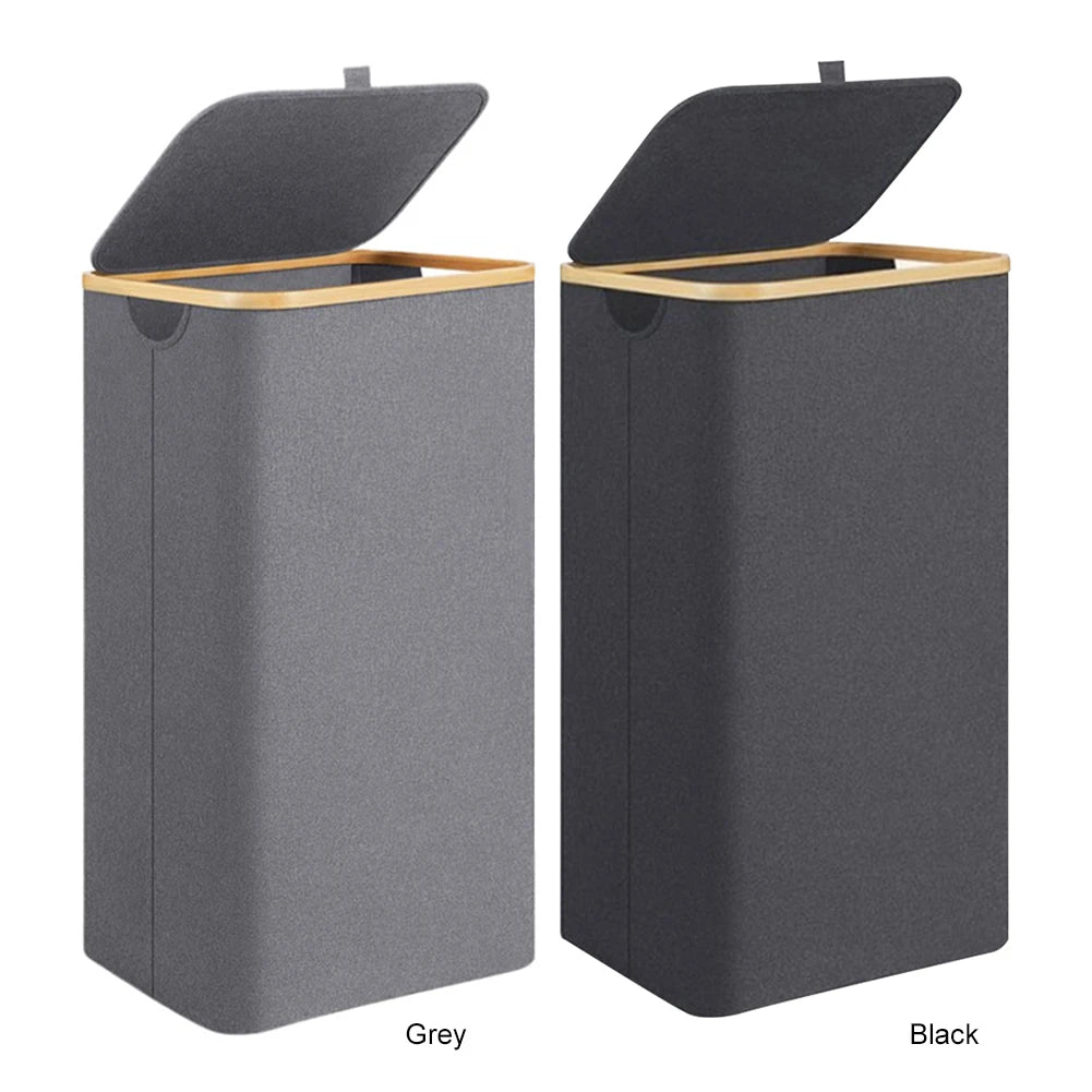 100L Foldable Laundry Hamper Basket with Bamboo Handle And Lid Eco-Friendly Removable Liner for Bedroom Bathroom Storage