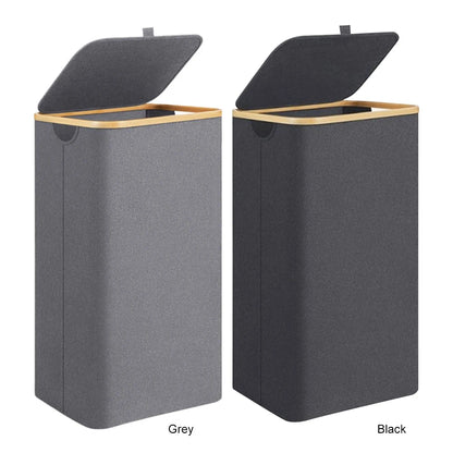 100L Foldable Laundry Hamper Basket with Bamboo Handle And Lid Eco-Friendly Removable Liner for Bedroom Bathroom Storage
