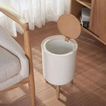 7L round wood grain plastic trash can with legs and press type lid for bathroom and living room
