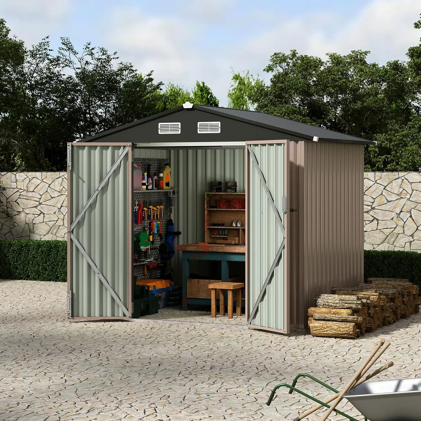 Outdoor metal storage shed kit with lockable door and waterproof design