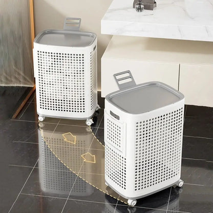 Large capacity folding plastic laundry basket with wheels and dust-proof cover