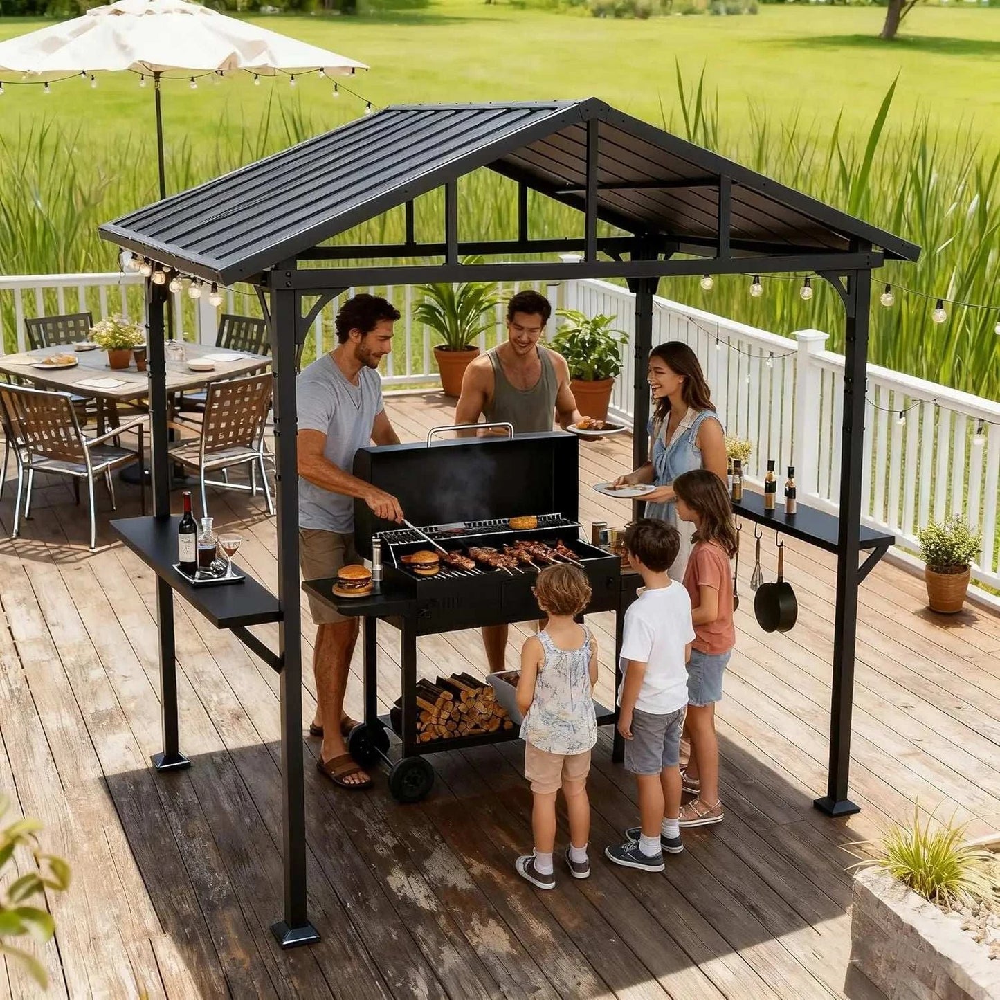 8x5ft Metal BBQ Grill Gazebo, Triangular Roof, Drainage Holes & 2 Side Shelves, Custom