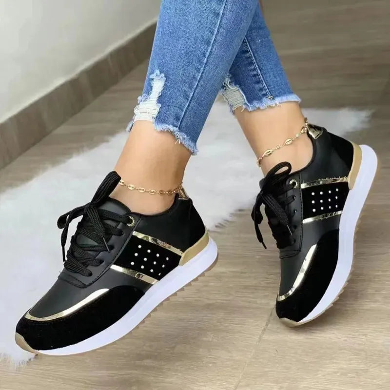 Sneakers Women Shoes Lace-Up Running Shoes Autumn Spring Leather Patchwork Female Casual Shoes Women's Vulcanized Shoes - Azobay