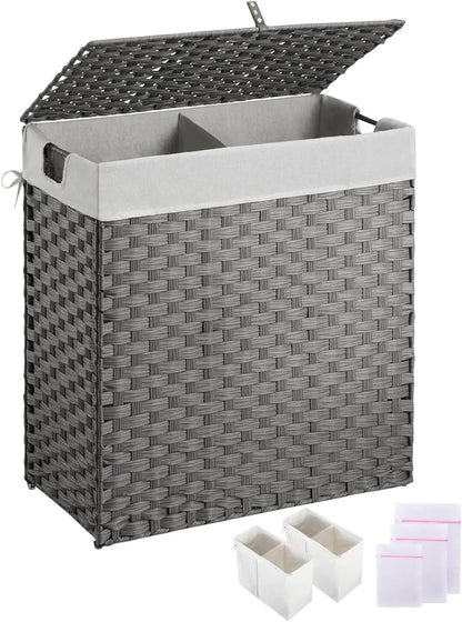 110L Foldable Wicker Laundry Hamper with 2 Removable Liners 2-Section Design Gray No Install Needed