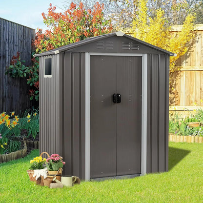 Outdoor metal storage shed with side window and lockable door for secure outdoor storage
