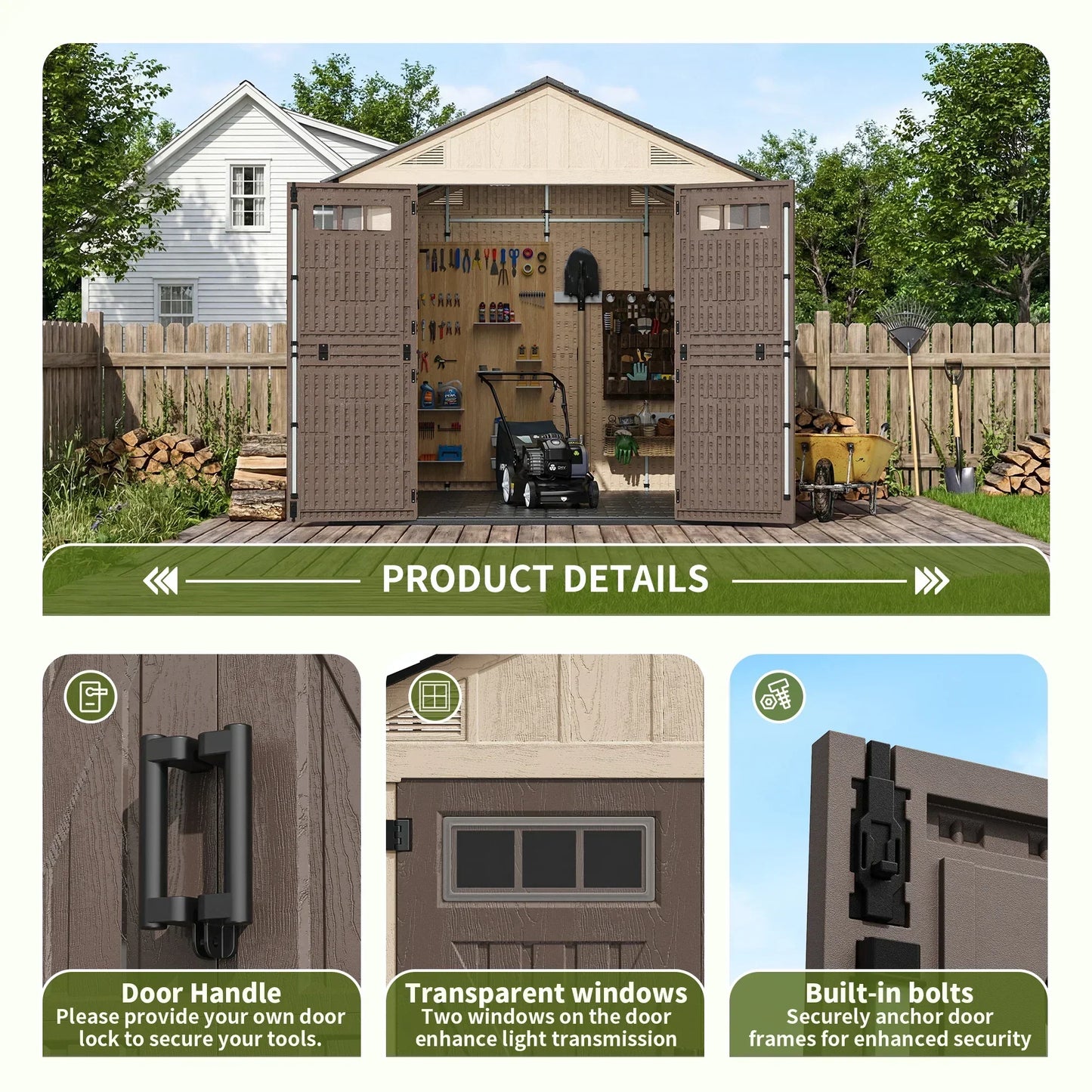 Polar Aurora 8x10 outdoor resin storage shed with lockable door and multiple windows