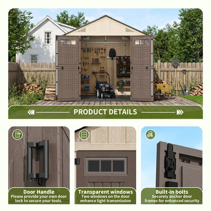 Polar Aurora 8x10 outdoor resin storage shed with lockable door and multiple windows
