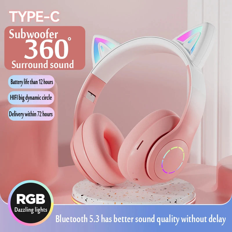 Cat Ear Headphone Bluetooth Wireless Music Headset Gradient Color LED Light with Mic - Azobay