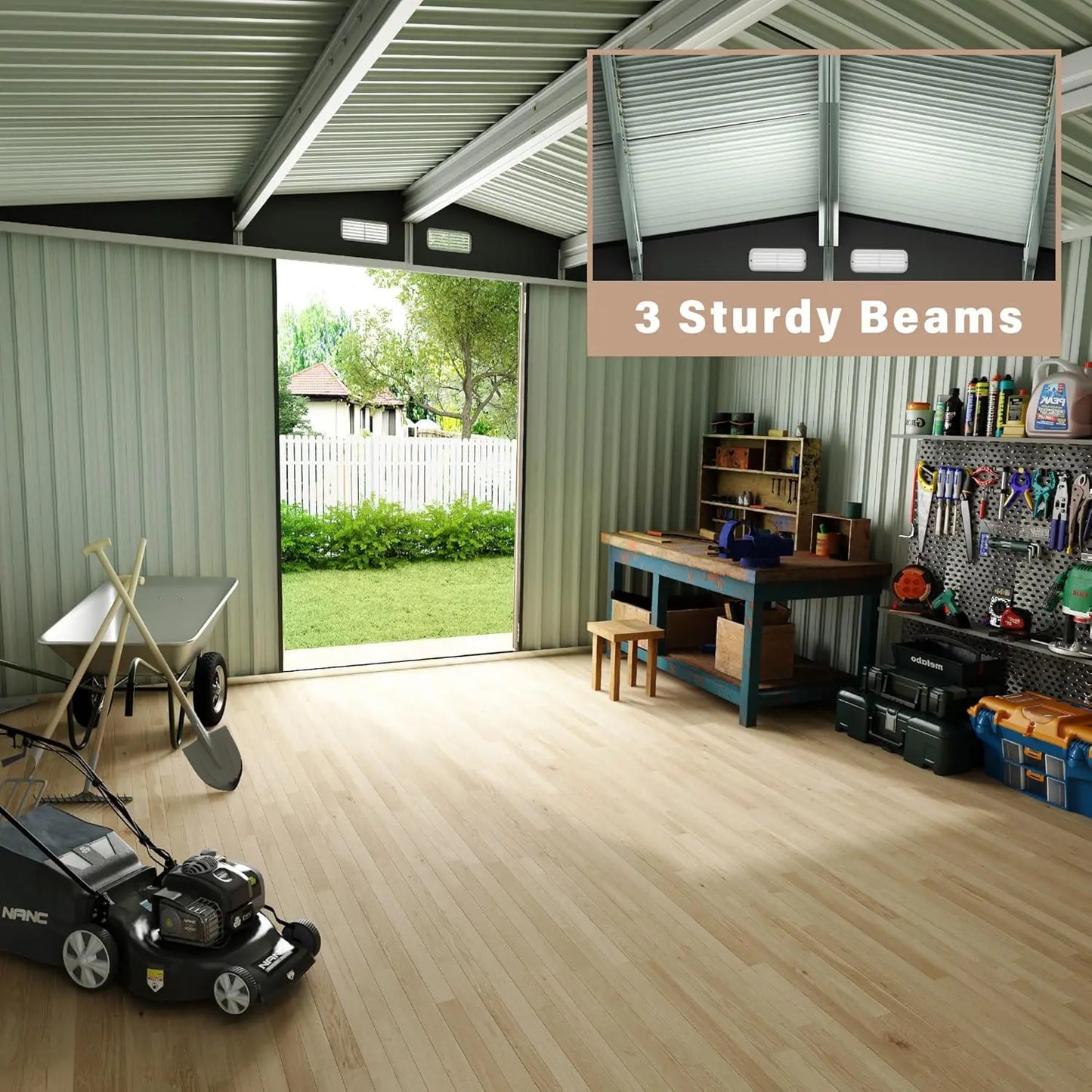 Outdoor metal storage shed with lockable door and sloped roof for rainwater drainage