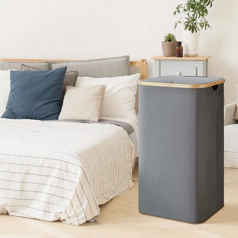 100L Foldable Laundry Hamper Basket with Bamboo Handle And Lid Eco-Friendly Removable Liner for Bedroom Bathroom Storage