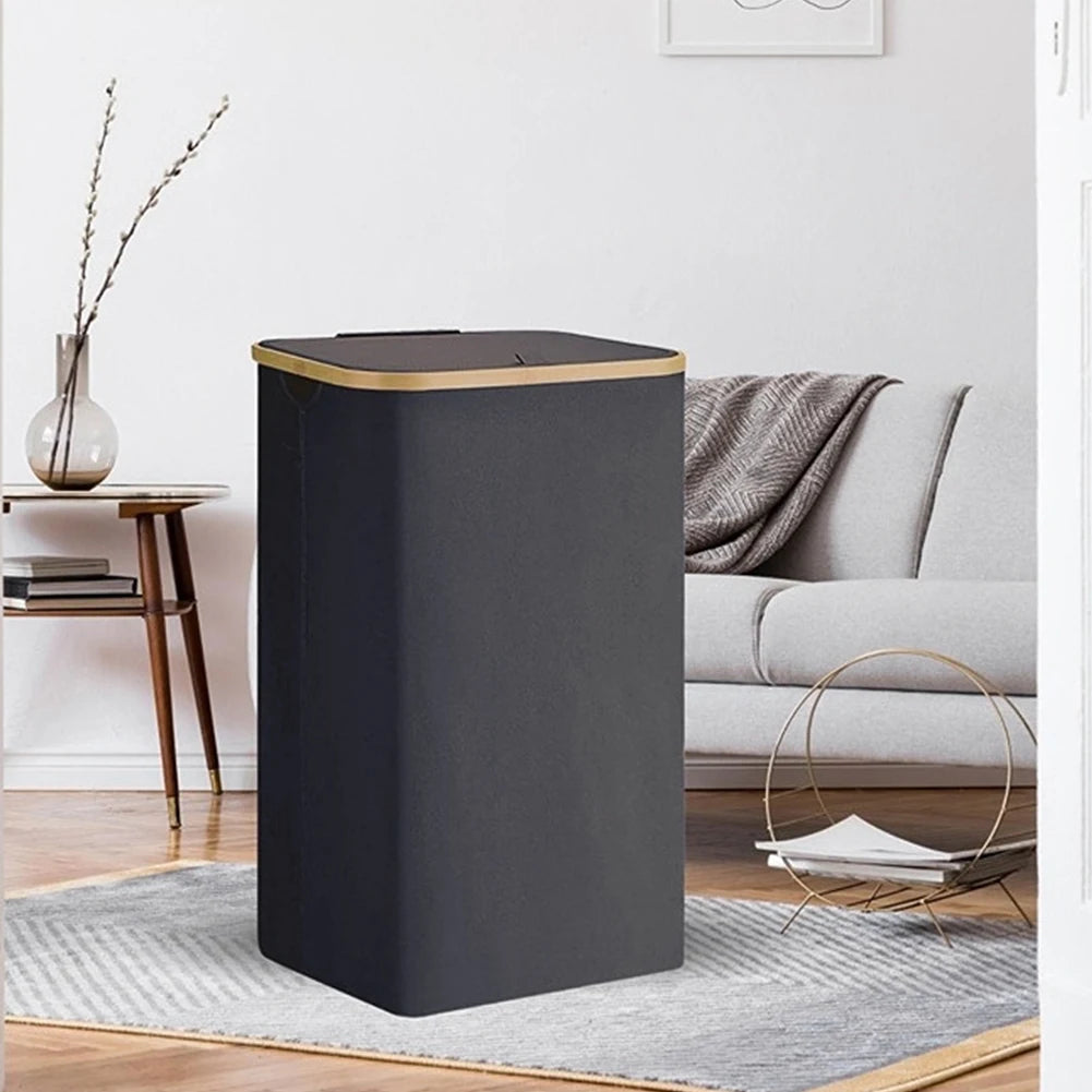 100L Foldable Laundry Hamper Basket with Bamboo Handle And Lid Eco-Friendly Removable Liner for Bedroom Bathroom Storage