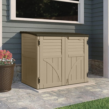 34 cu ft sand-colored horizontal outdoor resin storage shed with lockable lid